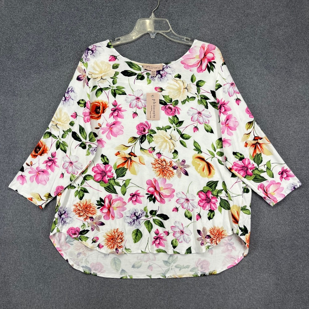 Philosophy Woman Floral Blouse Women 2X White Pink 3/4 Sleeve High Low Top NEW